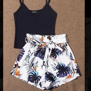 Cami top & belted tropical shorts set